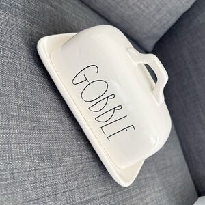 Rae Dunn White Butter Dish with GOBBLE Text